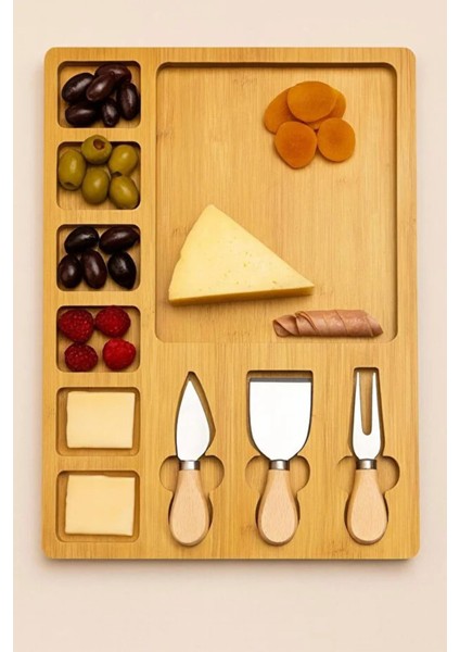 3 Bıçaklı 7 Bölmeli Bambu Kahvaltı Peynir Kesim ve Sunum Tahtası M-3072 modelleri