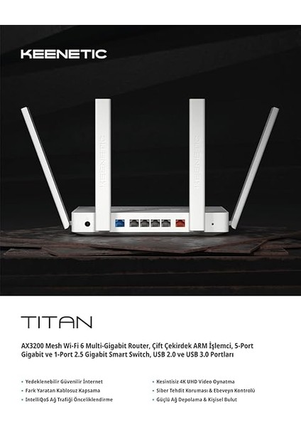 Titan AX3200 Wi-Fi Mesh Fiber Router, Dual Core Arm (Cpu), 5X1GBIT/S, 1x2.5gbit/s, Usb2.0, Usb3.0 KN-1811 fiyatları