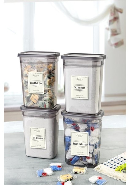 Vienev Antrasit 1500 ml 4lü Peggy Dikdörtgen Deterjan Saklama Kabı Seti Etiketli Özellikli