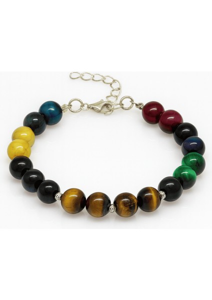 Gümüş Renk Metal Zincirli Küre Kesim Çoklu Kaplan Gözü Doğaltaş Kombinli Erkek Enerji Bilekliği