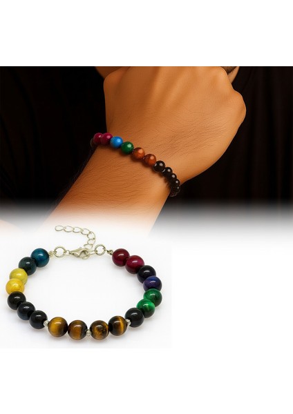 Gümüş Renk Metal Zincirli Küre Kesim Çoklu Kaplan Gözü Doğaltaş Kombinli Erkek Enerji Bilekliği fiyatları