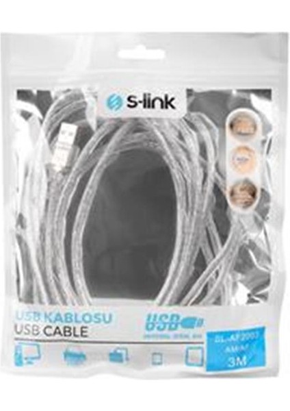 S-Lınk SL–AF2003 USB 2.0 3mt Şeffaf Uzatma Kablosu