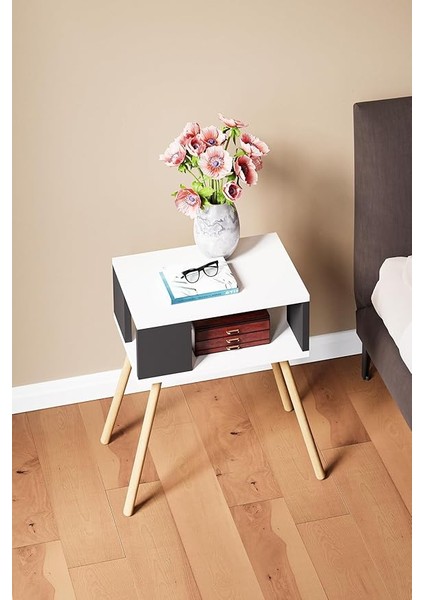 Ahşap Ayaklı Dekoratif Raflı Komodin - Beyaz - Antrasit Gri modelleri