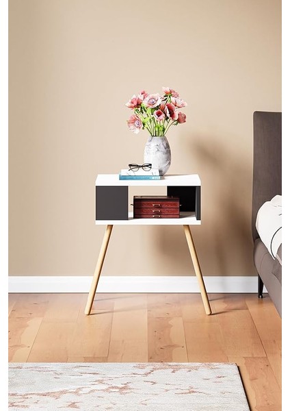 Ahşap Ayaklı Dekoratif Raflı Komodin - Beyaz - Antrasit Gri fırsatları