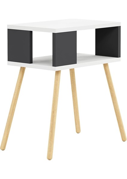 Ahşap Ayaklı Dekoratif Raflı Komodin - Beyaz - Antrasit Gri indirimleri