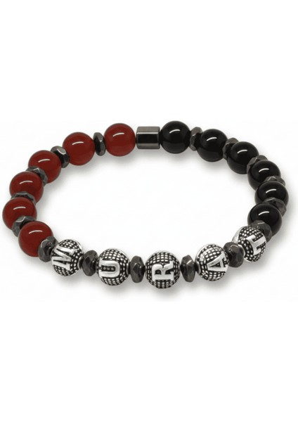 Isme Özel Yazılı Küre Kesim Kırmızı Siyah Akik Oniks Hematit Doğaltaş Erkek Taraftar Bileklik