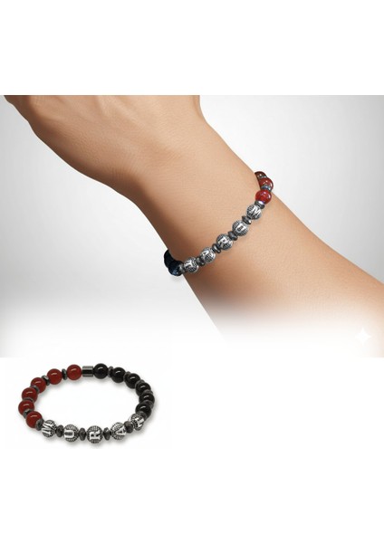 Isme Özel Yazılı Küre Kesim Kırmızı Siyah Akik Oniks Hematit Doğaltaş Erkek Taraftar Bileklik fiyatları