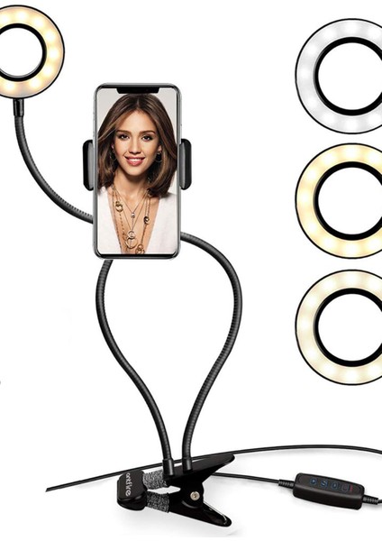 2ın1 Youtuber Influencer Ayarlanabilir Işıklı Canlı Yayın Video Kayıt Işığı 3 Renk Telefon Tutucu