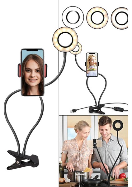 2ın1 Youtuber Influencer Ayarlanabilir Işıklı Canlı Yayın Video Kayıt Işığı 3 Renk Telefon Tutucu modelleri