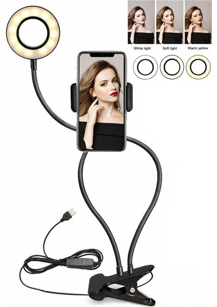 2ın1 Youtuber Influencer Ayarlanabilir Işıklı Canlı Yayın Video Kayıt Işığı 3 Renk Telefon Tutucu fırsatları