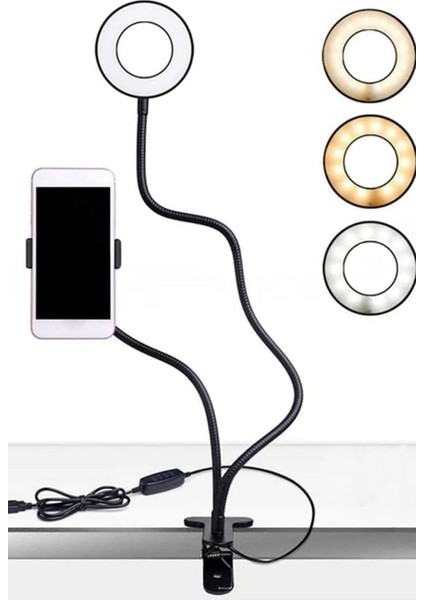 2ın1 Youtuber Influencer Ayarlanabilir Işıklı Canlı Yayın Video Kayıt Işığı 3 Renk Telefon Tutucu