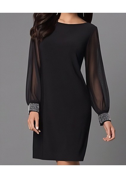 Kadın Uzun Kollu Bisiklet Yaka Kollar Tül Manşet Taş Işlemeli Krep Elbise
