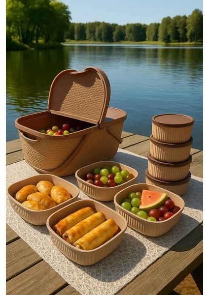 9 Parça Şık ve Kullanışlı Piknik Sepeti – Kahverengi Krem | Modern Tasarım