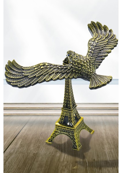 Vintage Metal Biblo Eyfel Kulesi Üzerinde Kartal 2 Parça Dekor Retro Biblo