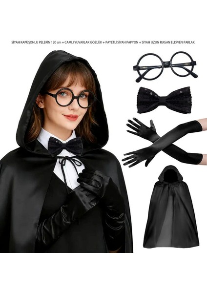 Drnds Siyah Kapüşonlu Büyücü ve Cadı Pelerin Kostüm Seti (4 Parça)