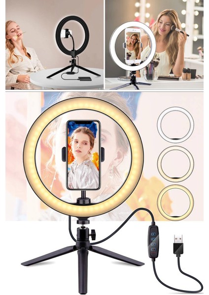 Youtuber Tiktok Çekim Işık Telefon Tutucu Makyaj Işığı Ring Light 8 Inç 20 cm Tripod