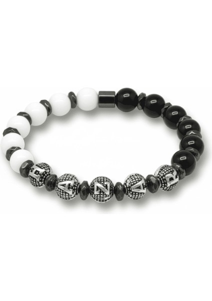 Isme Özel Yazılı Küre Kesim Siyah Beyaz Jade Oniks Hematit Doğaltaş Erkek Taraftar Bileklik
