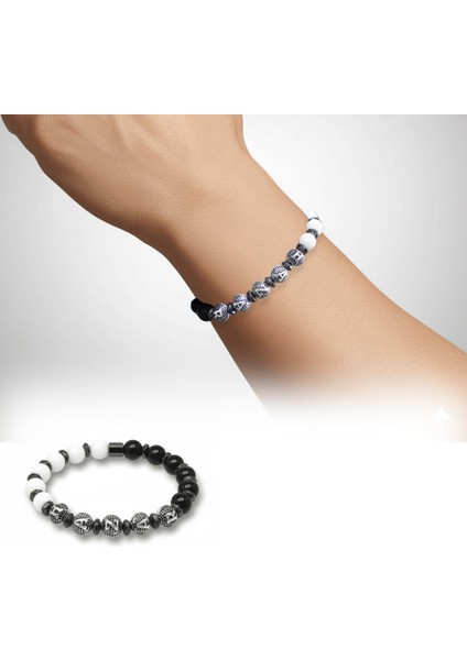 Isme Özel Yazılı Küre Kesim Siyah Beyaz Jade Oniks Hematit Doğaltaş Erkek Taraftar Bileklik fiyatları