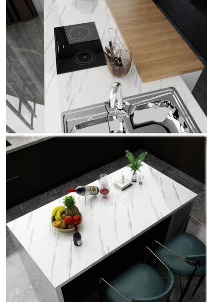 5 Metre x 60 cm Mermer Folyo Kağıt Beyaz Yapışkanlı Mermer Görünümlü Masa Tezgah Dolap Mutfak Banyo modelleri