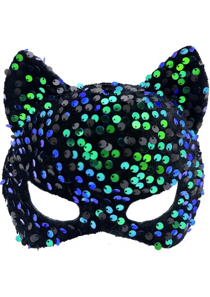 Siyah Kadife Kumaş Üzerine Mavi Yeşil Payetli Pullu Parti Maskesi 16X14 cm (5047)