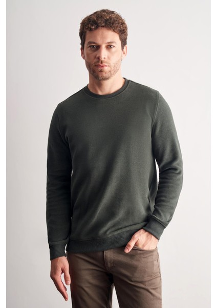 Haki Uzun Kol Bisiklet Yaka Düz Pamuklu Comfort Fit Sweatshirt 1013255150