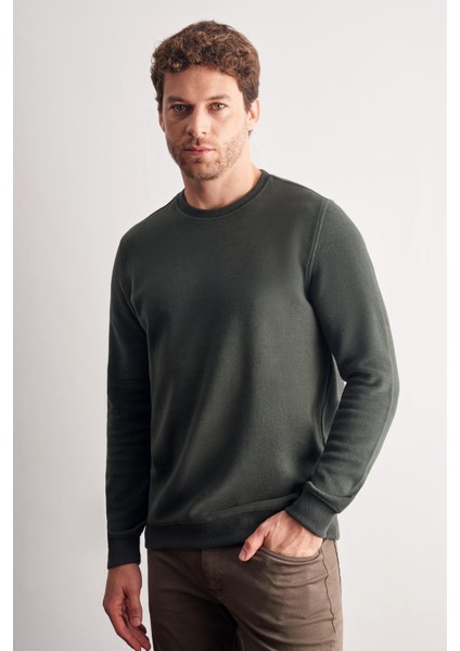 Haki Uzun Kol Bisiklet Yaka Düz Pamuklu Comfort Fit Sweatshirt 1013255150