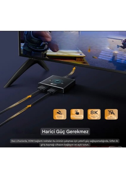 HDMI Dağıtıcı 8K/60Hz+4K/120Hz 2 Giriş 1 Çıkış HDMI Switcher Düğmesi HDMI 2.1 Splitter Anahtarı Type-C Güç Kablosu Hediye CE Lisanslı Orjinal
