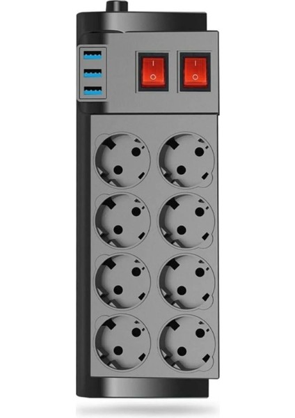 2mt 8li 3xusb Termal Akım Korumalı Priz 16A 4000W Isıya Dayanıklı Priz