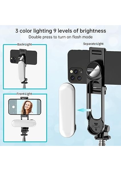 Dolgu Işıklı Sabit Selfie Çubuğu Tripod, Iphone, Samsung, Huawei, Sony ve Diğer Akıllı Telefonlar Için Kablosuz Uzaktan Kumandalı 360 ° Dönebilen Genişletilebilir Cep Telefonu Tripodu modelleri