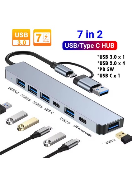7 Port Çoklayıcı Çevirici 7 In 2 Hub Usb/type-C To Usb-C-Usb 2.0-3.0 Switch Data