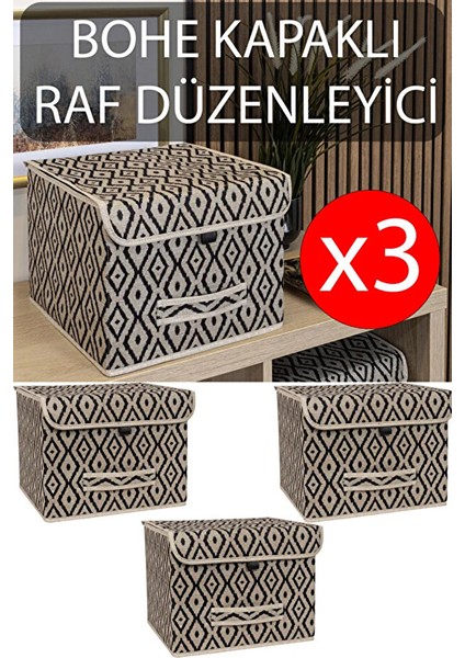 (3 Adet)Çok Amaçlı Kapaklı Kutu, Dolap Raf Düzenleyici, Dekoratif Saklama Kutusu 30X30X23 cm