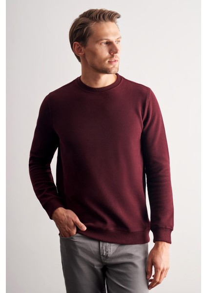 Bordo Uzun Kol Bisiklet Yaka Düz Pamuklu Comfort Fit Sweatshirt 1013255150