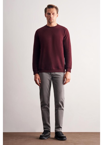 Bordo Uzun Kol Bisiklet Yaka Düz Pamuklu Comfort Fit Sweatshirt 1013255150