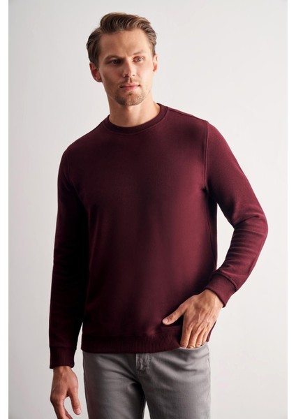 Bordo Uzun Kol Bisiklet Yaka Düz Pamuklu Comfort Fit Sweatshirt 1013255150