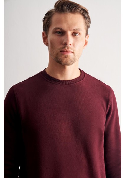Bordo Uzun Kol Bisiklet Yaka Düz Pamuklu Comfort Fit Sweatshirt 1013255150