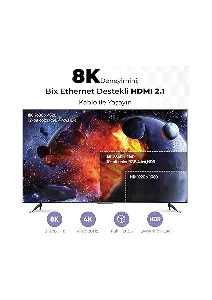 PHD05 8K@60Hz Ultra Yüksek Hızlı HDMI & Ethernet Kablosu, 48GBPS Veri Aktarım Hızı, HDMI 2.1, Hdr, Earc, 3D Ready Teknolojisi, Bilgisayar Monitörü, UHD Tv, Ps5, Ps4 Uyumlu 5 Metre Kablo modelleri