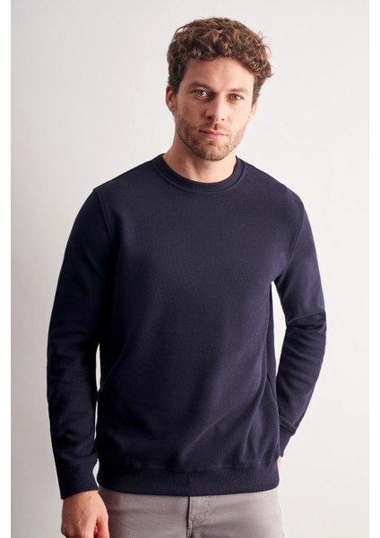 Lacivert Uzun Kol Bisiklet Yaka Düz Pamuklu Comfort Fit Sweatshirt 1013255150