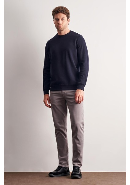 Lacivert Uzun Kol Bisiklet Yaka Düz Pamuklu Comfort Fit Sweatshirt 1013255150