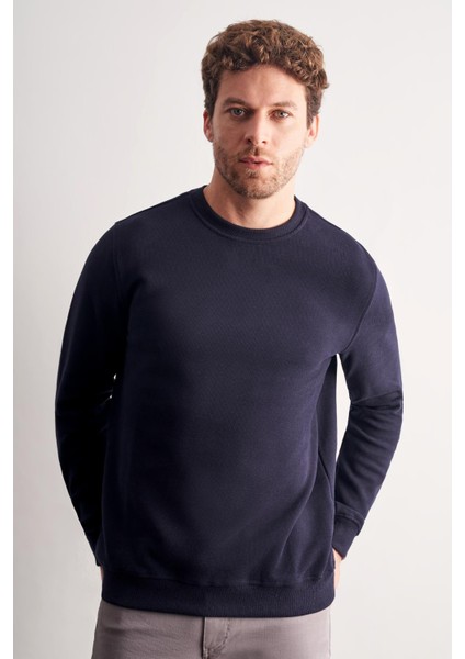 Lacivert Uzun Kol Bisiklet Yaka Düz Pamuklu Comfort Fit Sweatshirt 1013255150