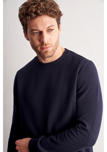 Lacivert Uzun Kol Bisiklet Yaka Düz Pamuklu Comfort Fit Sweatshirt 1013255150