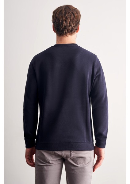 Lacivert Uzun Kol Bisiklet Yaka Düz Pamuklu Comfort Fit Sweatshirt 1013255150