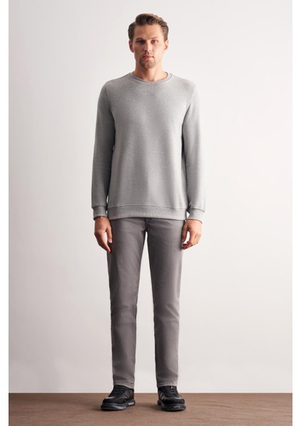 Gri Uzun Kol Bisiklet Yaka Düz Pamuklu Comfort Fit Sweatshirt 1013255150