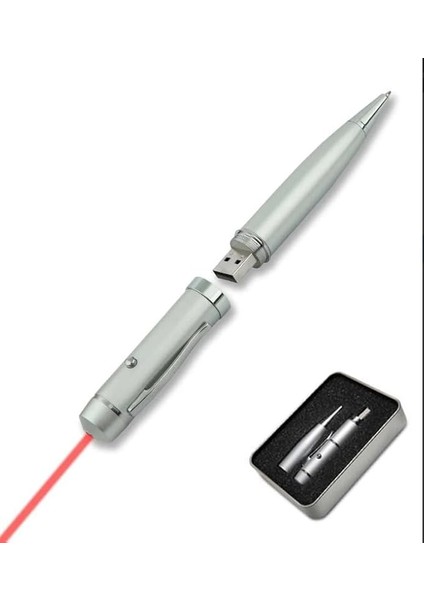 Kl-1 Sunum Kalemi 16 GB USB Bellek Özellikli Metal Kutulu Kırmızı Lazerli, LED Işıklı Pointer Kalemi Işaretçi Sunum Kalemi Metal Tükenmez Kalem