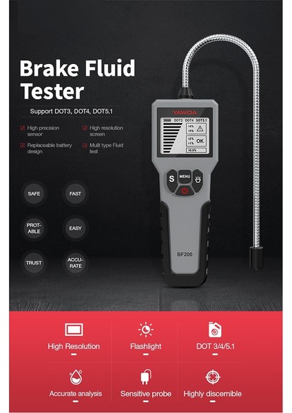 Yawoa BF200 Araç Fren Yağı Test Cihazı Araç Fren Sıvı Aracı Dot3 Dot4 Dot5 1 LED Dijital Gösterge Fren Yağı Test Cihazı Kontrol Ekran (Yurt Dışından) fırsatları