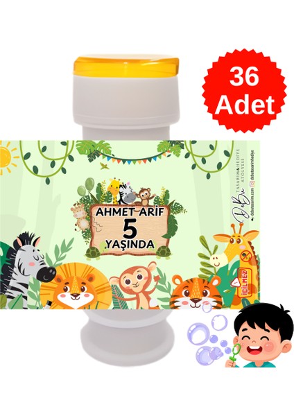 36 Adet Safari Orman Detaylı Isme Özel Köpük Baloncuk – Doğum Günü Hediyeliği ve Parti Süsü