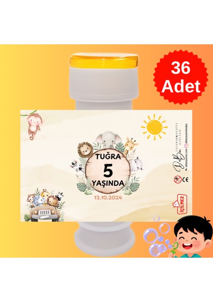 36 Adet Safari Araba Detaylı Isme Özel Köpük Baloncuk – Doğum Günü Hediyeliği ve Parti Süsü