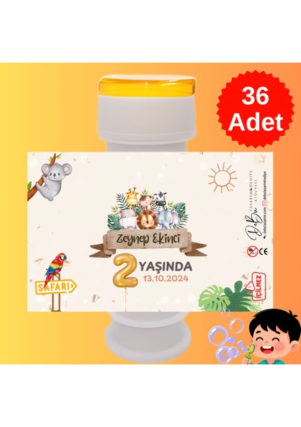 36 Adet Sevimli Hayvanlar Safari Temalı Isme Özel Köpük Baloncuk – Doğum Günü Hediyeliği ve Parti Süsü