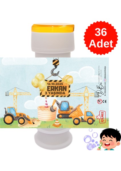 36 Adet Iş Makineleri ve Inşaat Temalı Isme Özel Köpük Baloncuk – Doğum Günü Hediyeliği ve Parti Süsü