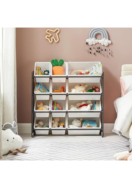 Çocuk Odası Rafı, Oyuncak Düzenleyici, Çocuklar Için Ayakta Raf, Pp Plastikten Yapılmış 12 Saklama Kutusu, Çocuk Odası, Okul, Kreş, 86 x 26.5 x 78 Cm, Koyu Gri-Beyaz GKR04GY fırsatları