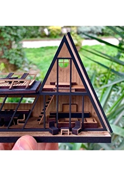 Minyatür Ev Yapım Seti Ahşap Malzemeden Modern A-Formlu 14.5 cm
